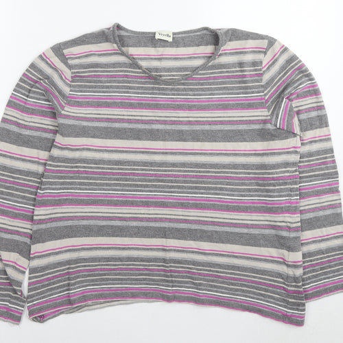 Viyella Womens Grey Striped Viscose Jersey T-Shirt Size L V-Neck