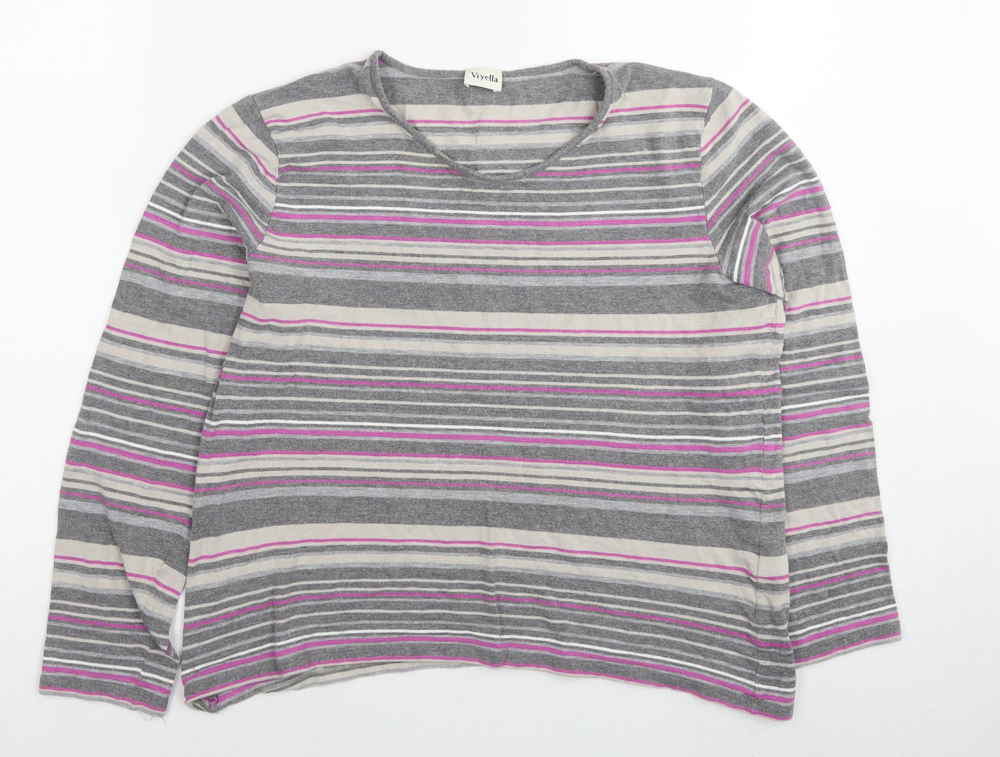 Viyella Womens Grey Striped Viscose Jersey T-Shirt Size L V-Neck