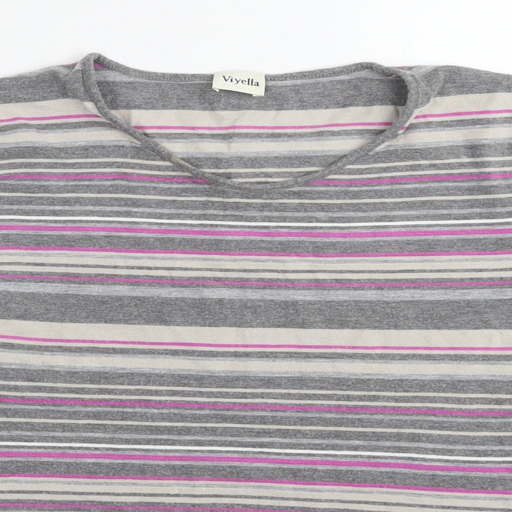 Viyella Womens Grey Striped Viscose Jersey T-Shirt Size L V-Neck