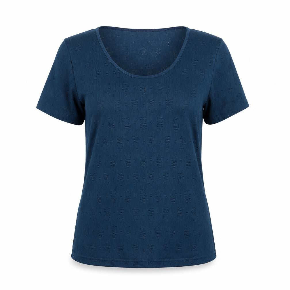 Front view of Damart women’s blue polyester basic t-shirt, size L, round neck