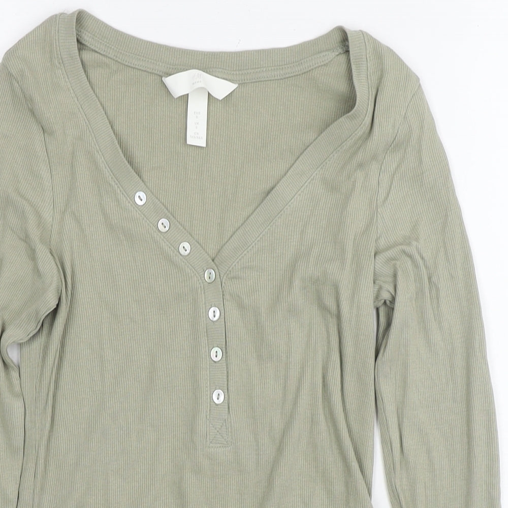 H&M Womens Green Cotton Basic T-Shirt Size S V-Neck