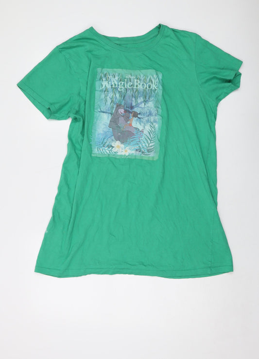 Front view of Disney women’s green cotton basic t-shirt, size UK 10, crew neck