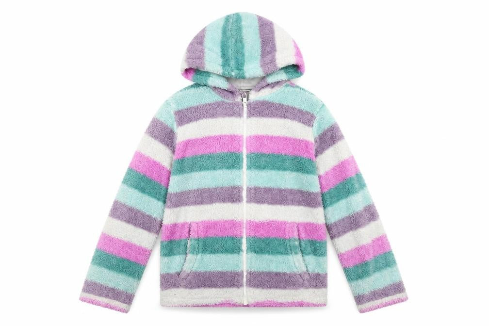 Front view of John Lewis girls’ multicoloured striped jacket, size 11, years zip