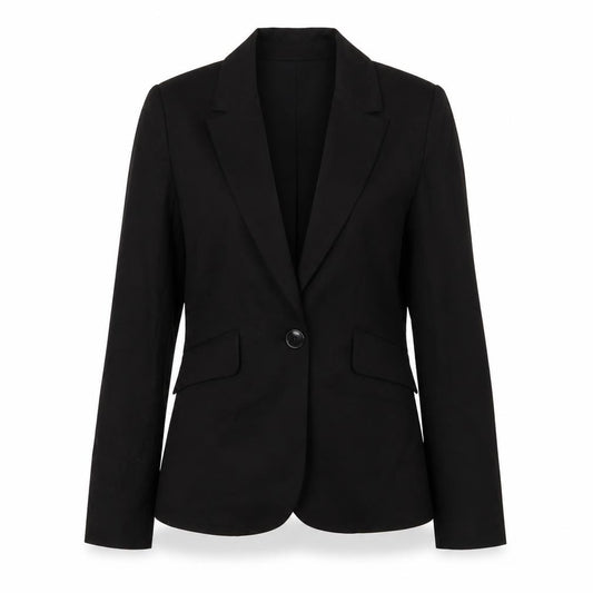 Front view of Warehouse women’s black jacket, size UK 10, button