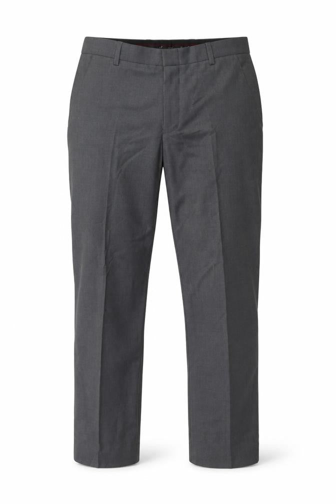 Front view of Yaly men’s grey polyester trousers, size 30, in, 31-inch leg regular hook & eye
