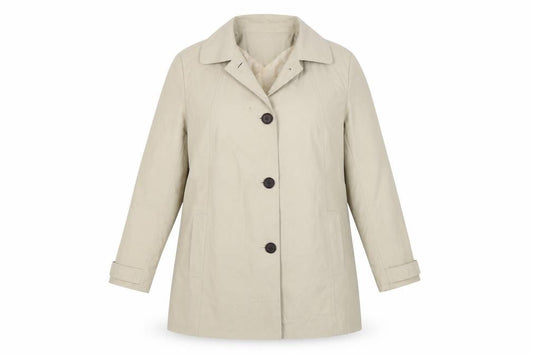 Front view of Yazz women’s beige jacket, size UK 12, button