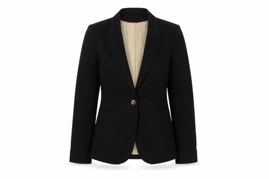Front view of H&M women’s black jacket, size UK 6, button