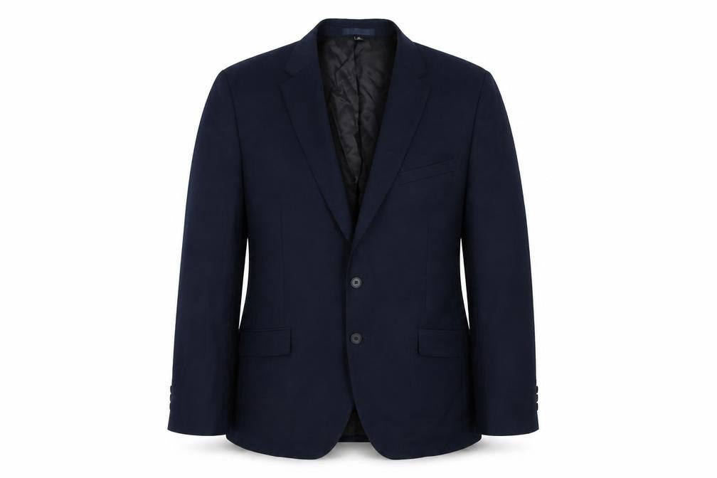 Front view of Marks & Spencer men’s blue wool jacket suit jacket, size 46, regular