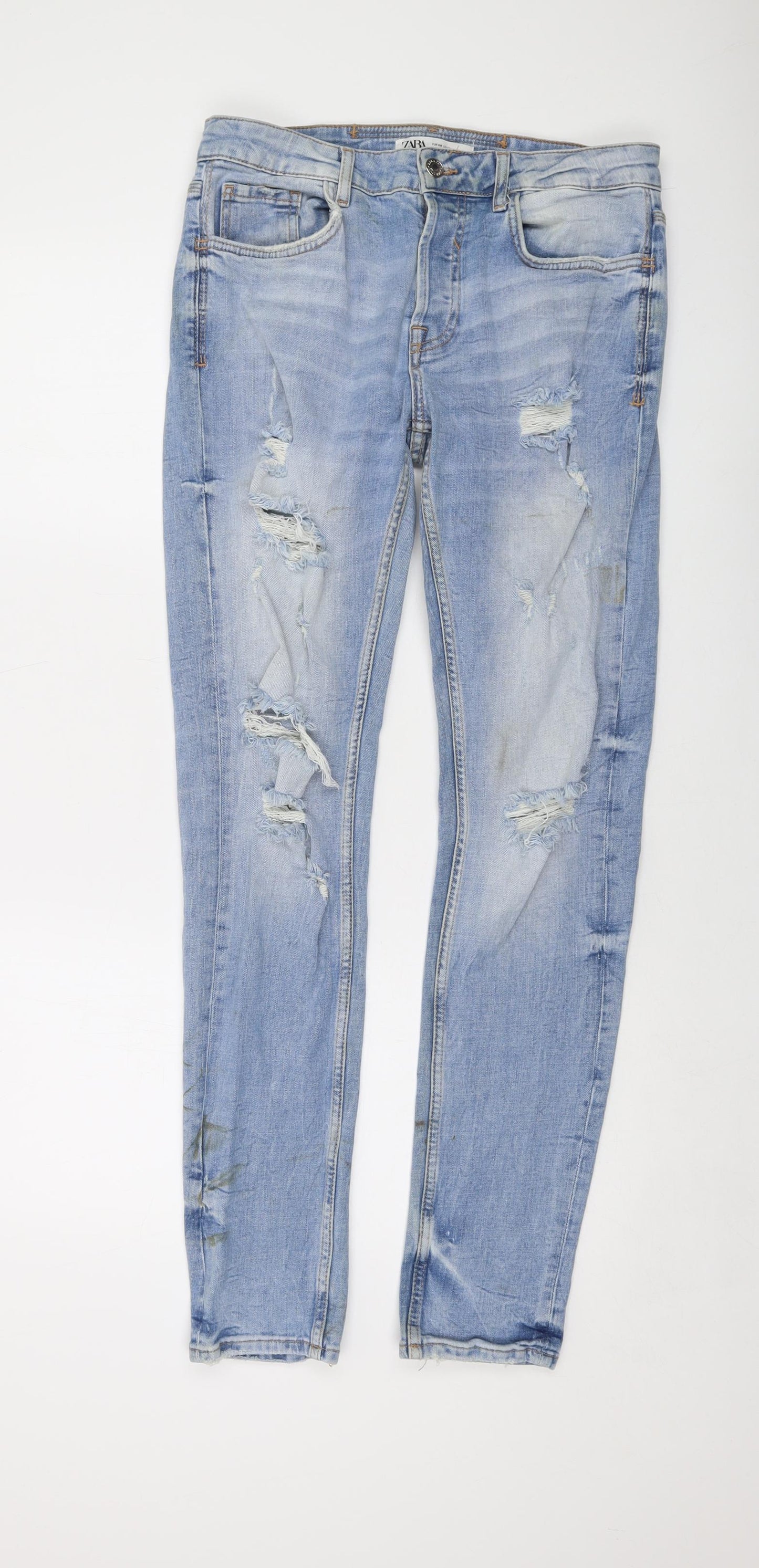 Zara Womens Blue Cotton Skinny Jeans Size 12 L32 in Regular Button