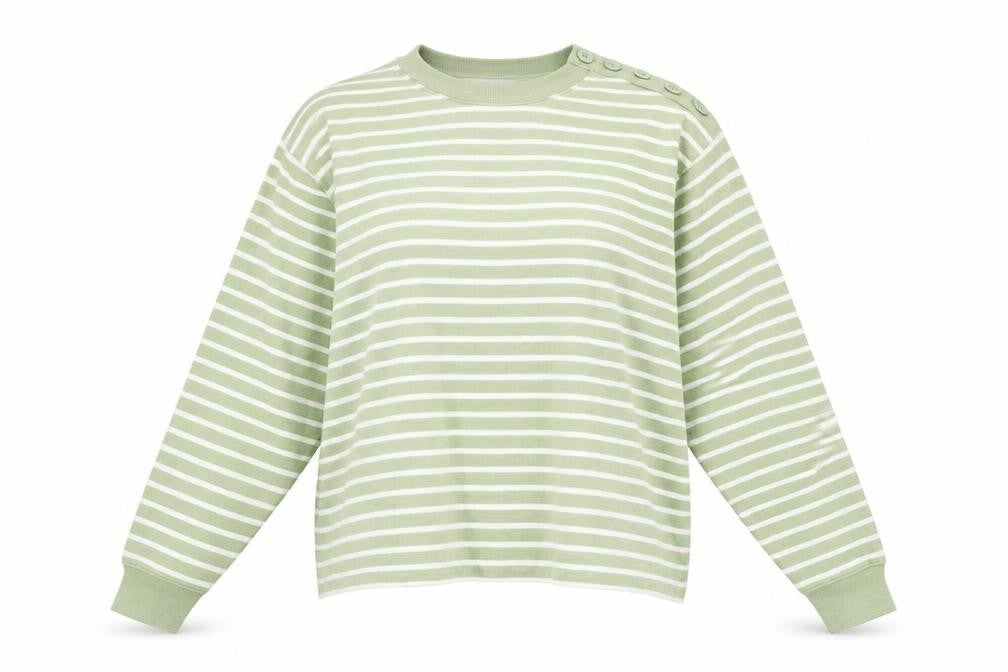 Front view of Marks & Spencer women’s green striped cotton pullover sweatshirt, size L, pullover