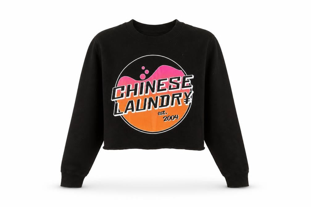 Front view of Chinese Laundry women’s black cotton pullover sweatshirt, size XS, pullover