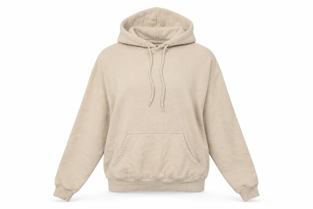 Front view of PRETTYLITTLETHING women’s beige cotton pullover hoodie, size M, pullover