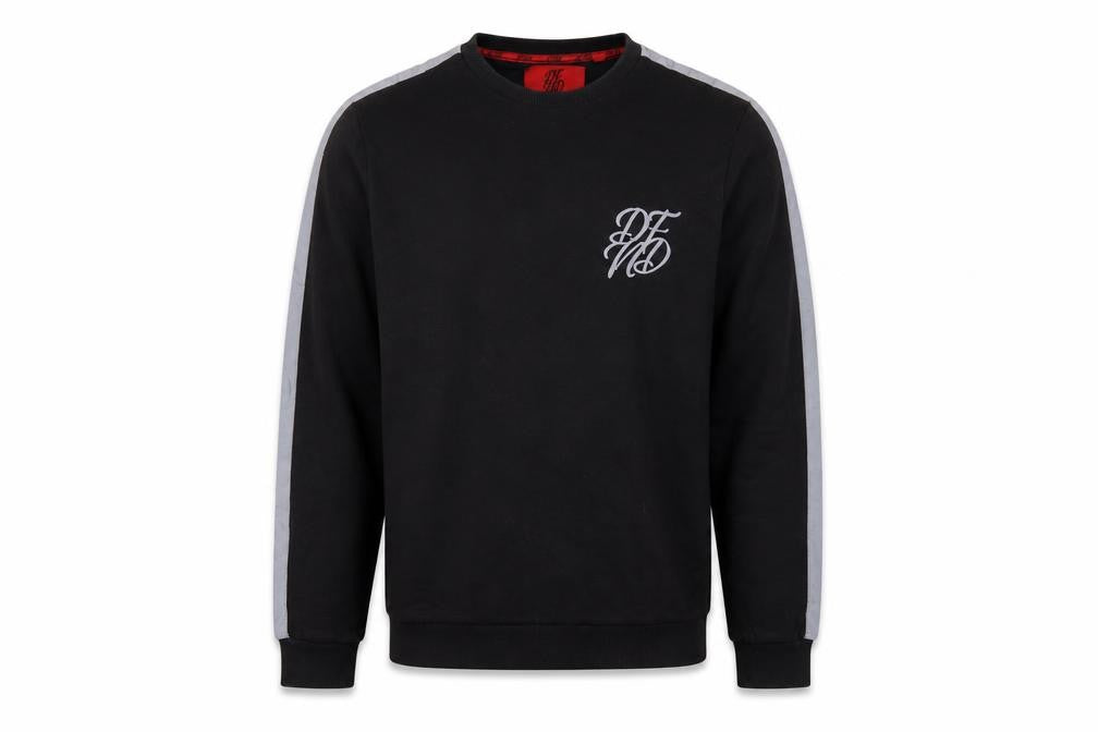 Front view of DFND men’s black cotton pullover sweatshirt, size M