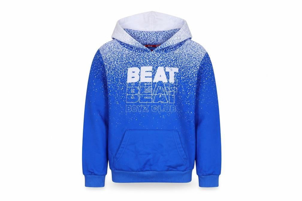 Front view of Boyz Club boys’ blue geometric polyester pullover hoodie, size 11-12, years pullover