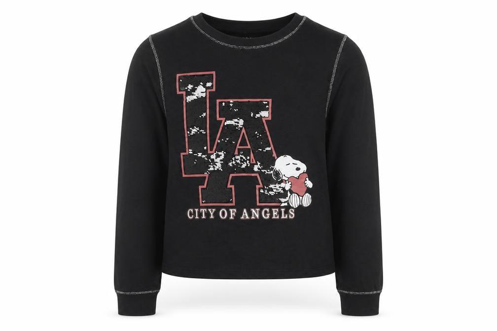 Front view of Peanuts girls’ grey cotton pullover sweatshirt, size 12-13, years pullover