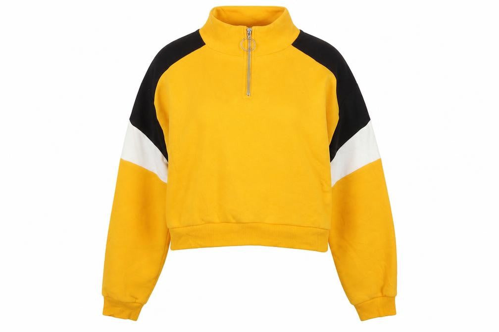 Front view of H&M women’s yellow cotton pullover sweatshirt, size M, zip