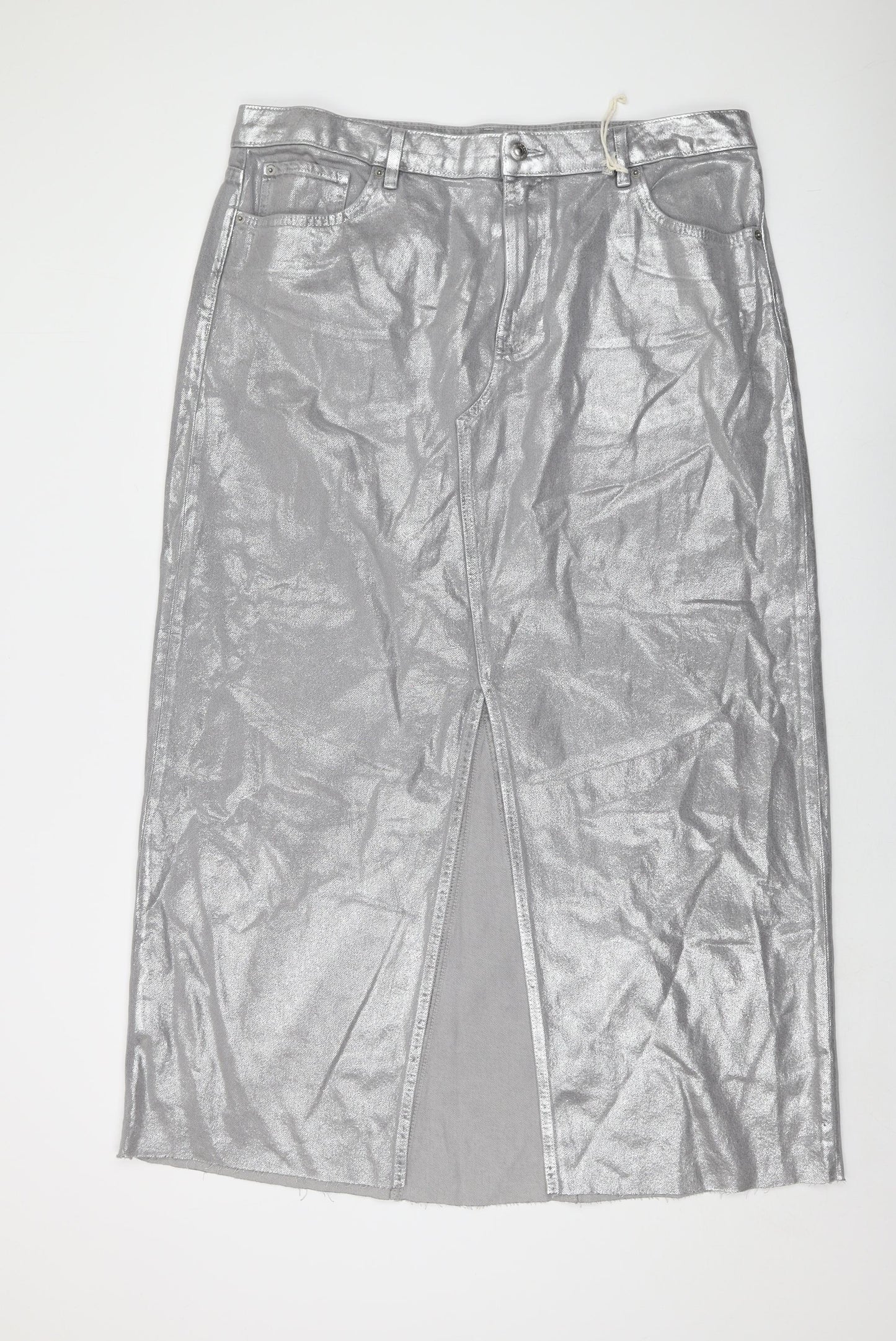 Marks and Spencer Womens Silver Cotton Maxi Skirt Size 20 Button