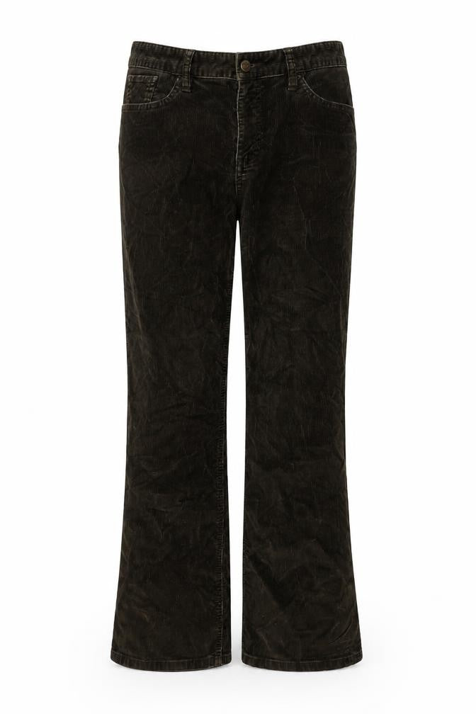 Front view of Eddie Bauer women’s green cotton trousers, size UK 12, 28-inch leg regular button