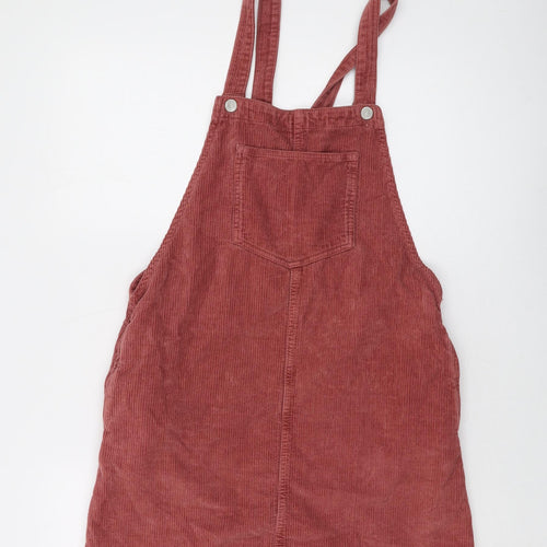 Topshop Womens Pink Cotton Pinafore/Dungaree Dress Size 10 Square Neck Button