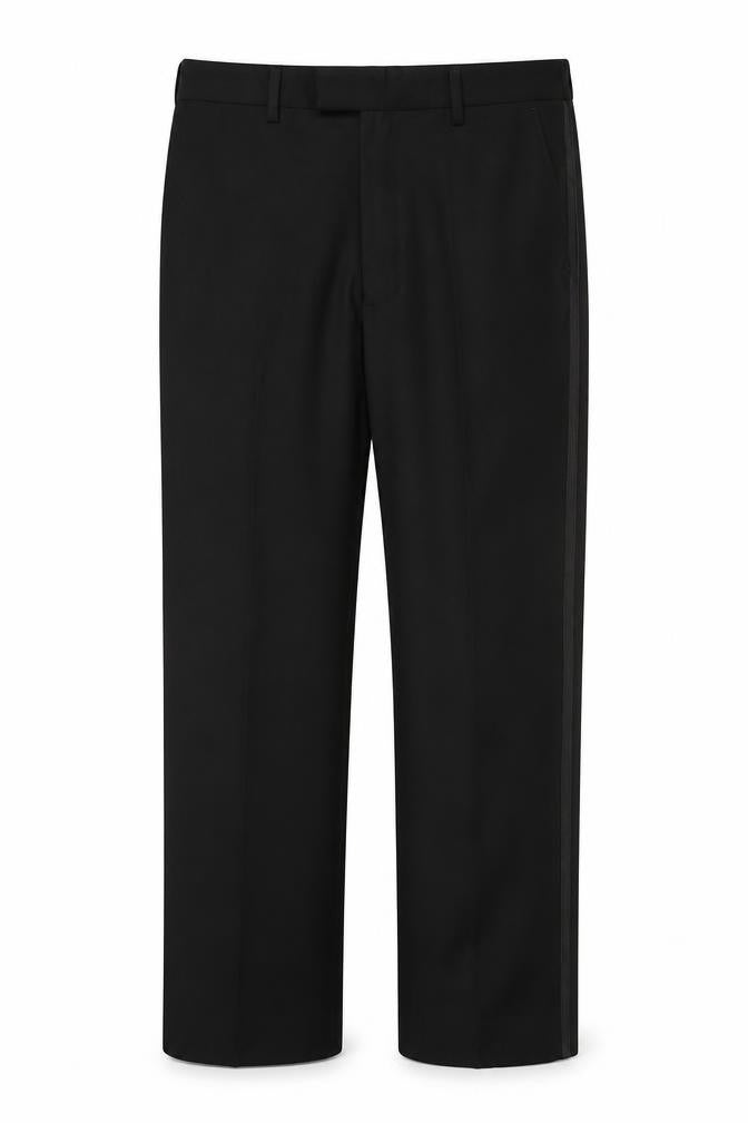 Front view of Next men’s black polyester trousers, size 32, in, 31-inch leg regular hook & eye