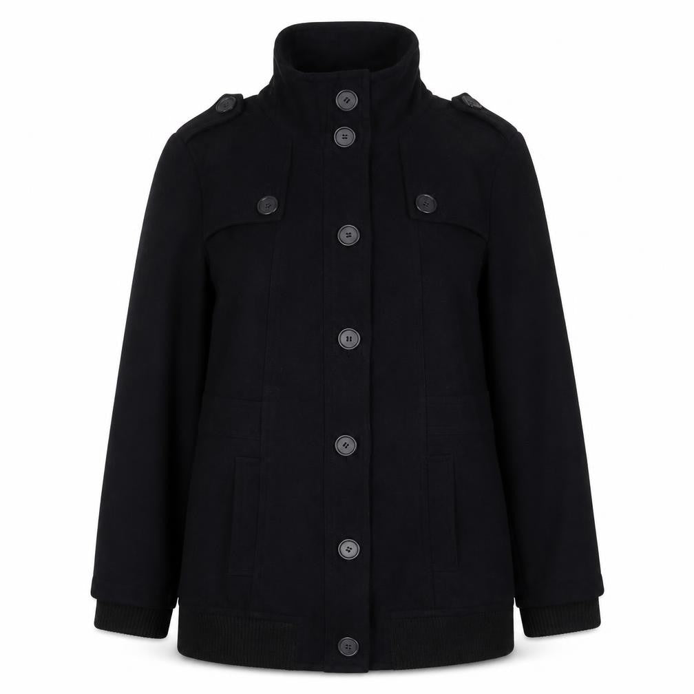 Front view of Marks & Spencer women’s blue military jacket jacket, size UK 14, button