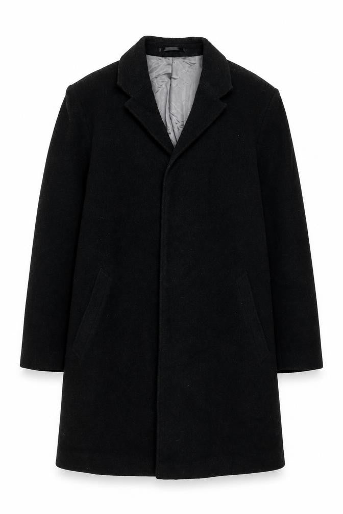 Front view of Baker Street women’s black overcoat coat, size S, button