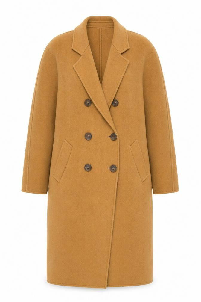 Front view of UPTO/SECONDS women’s beige overcoat coat, size S, button