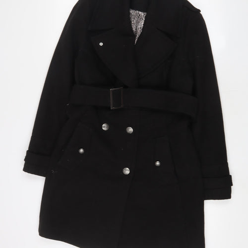 Marks and Spencer Womens Black Overcoat Coat Size 12 Button - Belted