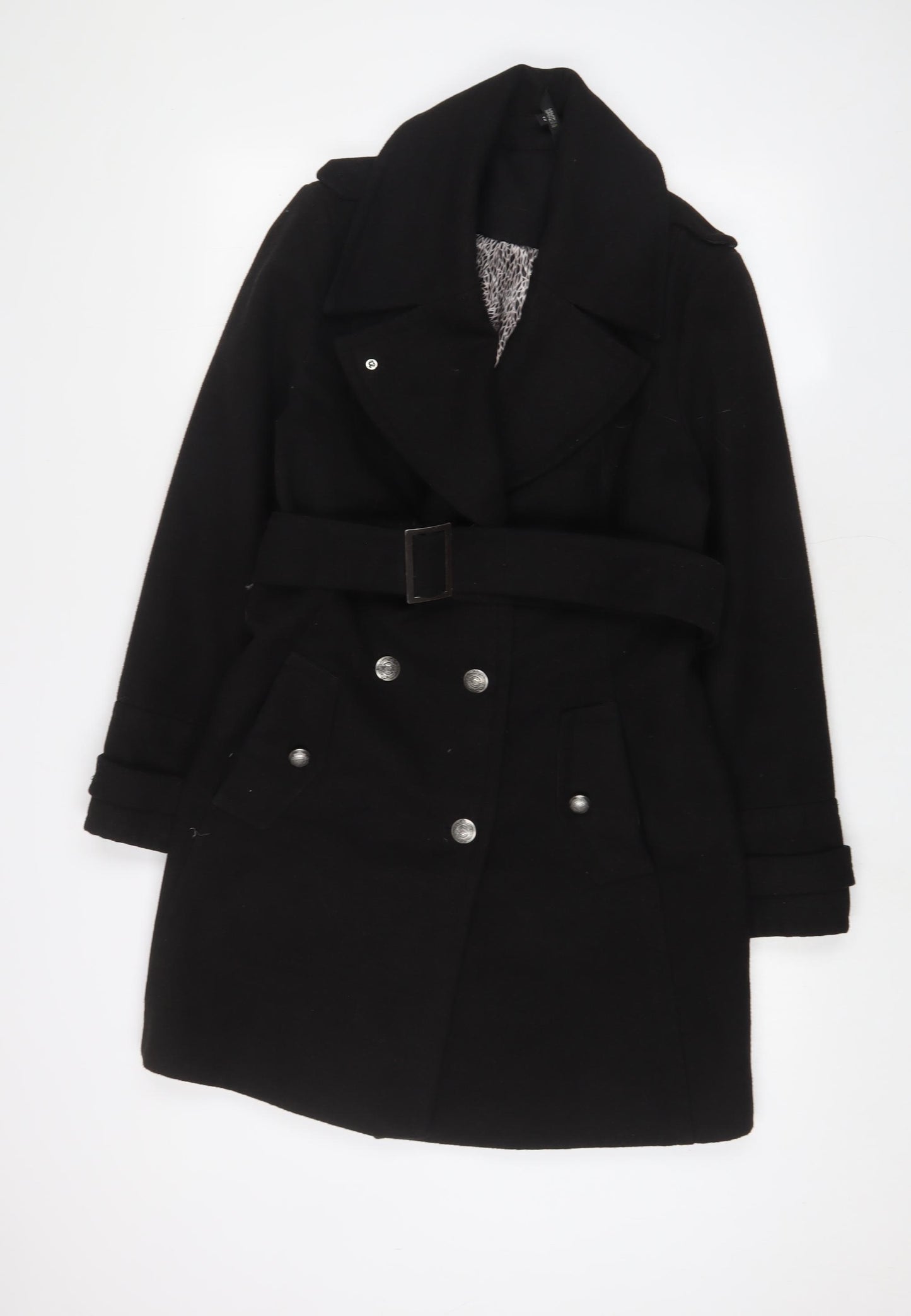 Marks and Spencer Womens Black Overcoat Coat Size 12 Button - Belted