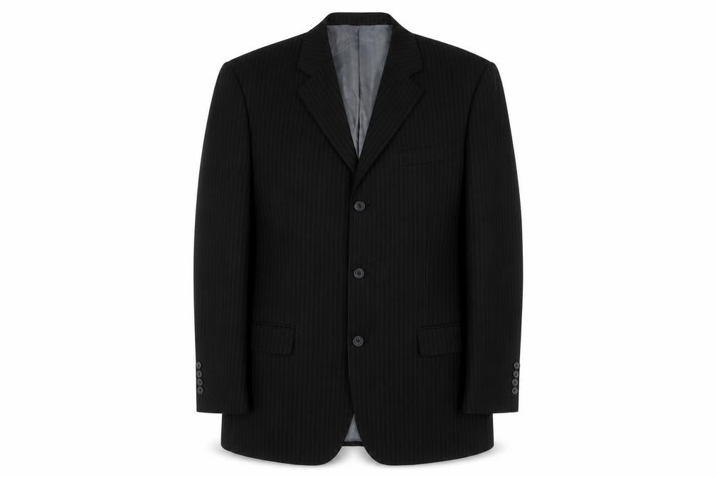 Front view of Taylor & Reece men’s black striped polyester jacket suit jacket, size 40, regular
