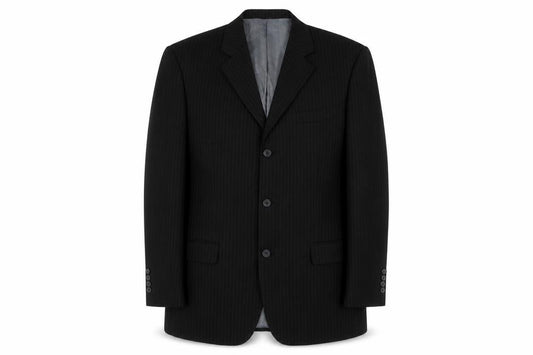 Front view of Taylor & Reece men’s black striped polyester jacket suit jacket, size 40, regular