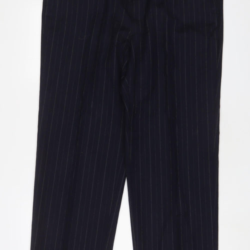 Marks and Spencer Mens Blue Striped Wool Trousers Size 40 in L32 in Regular Zip - Logo, Embroidered