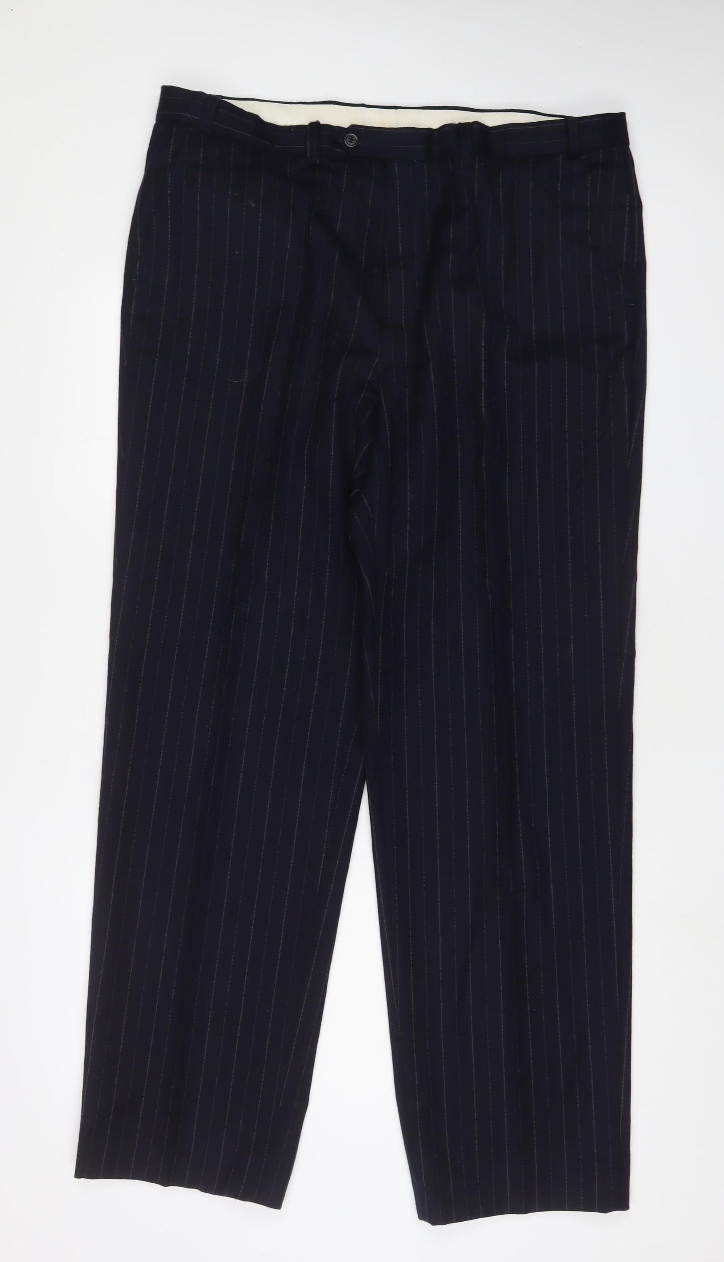 Marks and Spencer Mens Blue Striped Wool Trousers Size 40 in L32 in Regular Zip - Logo, Embroidered