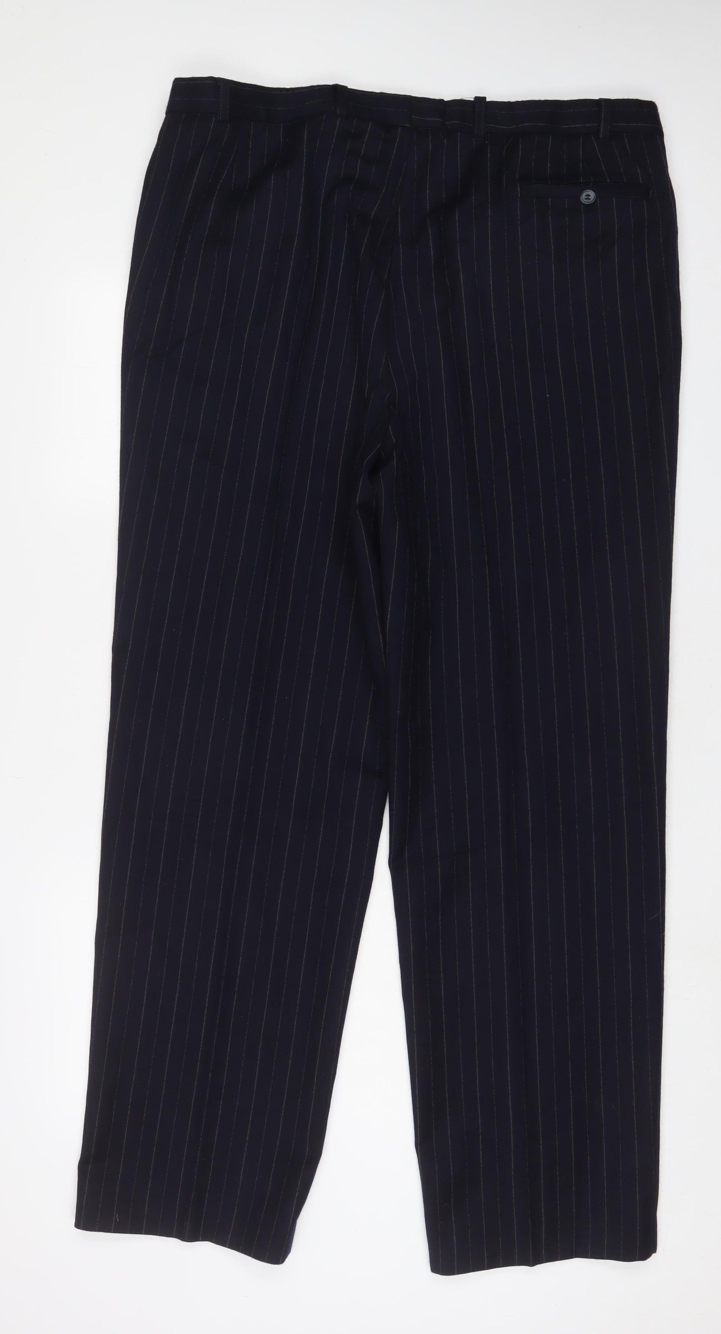 Marks and Spencer Mens Blue Striped Wool Trousers Size 40 in L32 in Regular Zip - Logo, Embroidered