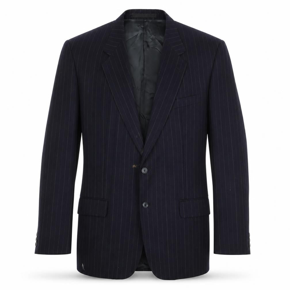 Front view of Marks & Spencer men’s blue striped wool jacket suit jacket, size 44, regular