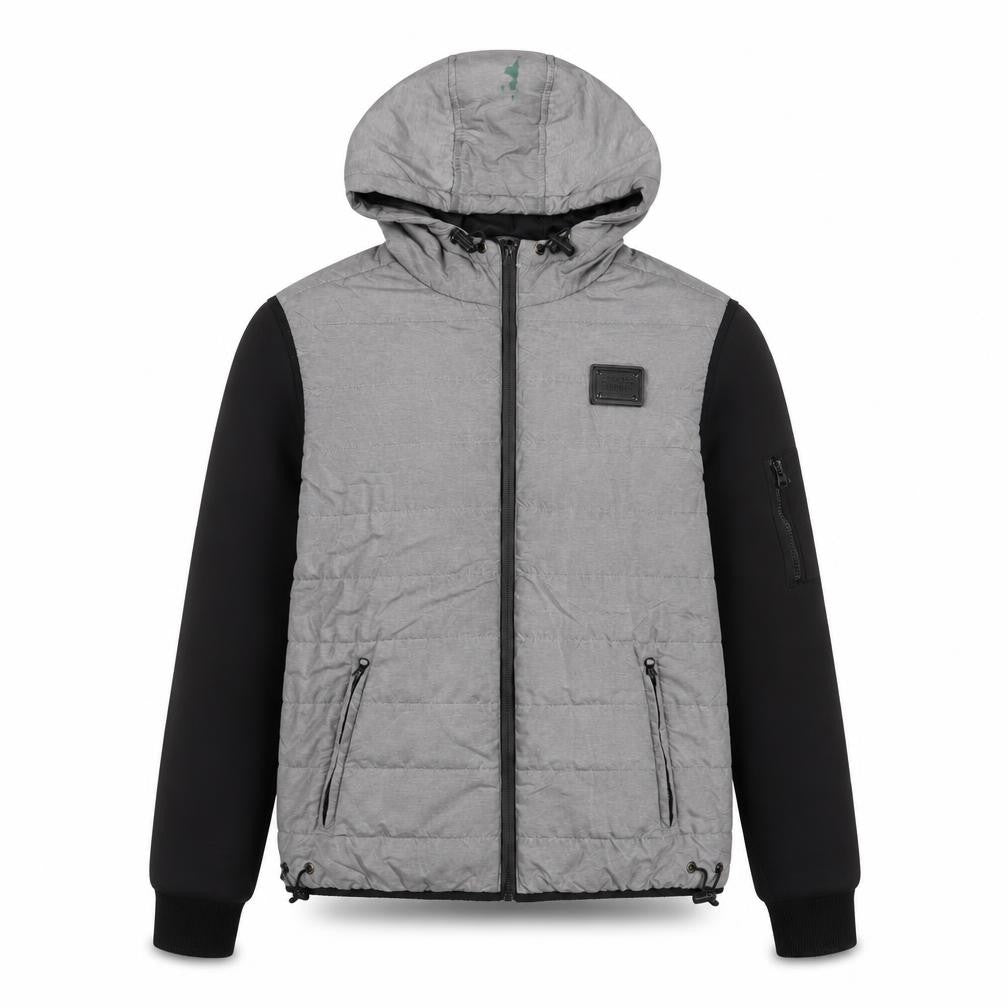 Front view of Supply & Demand Co. men’s grey puffer jacket jacket, size S, zip - logo