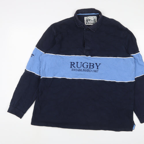 Rugby Mens Blue Striped Cotton Polo Size XL Collared Button - Embroidered