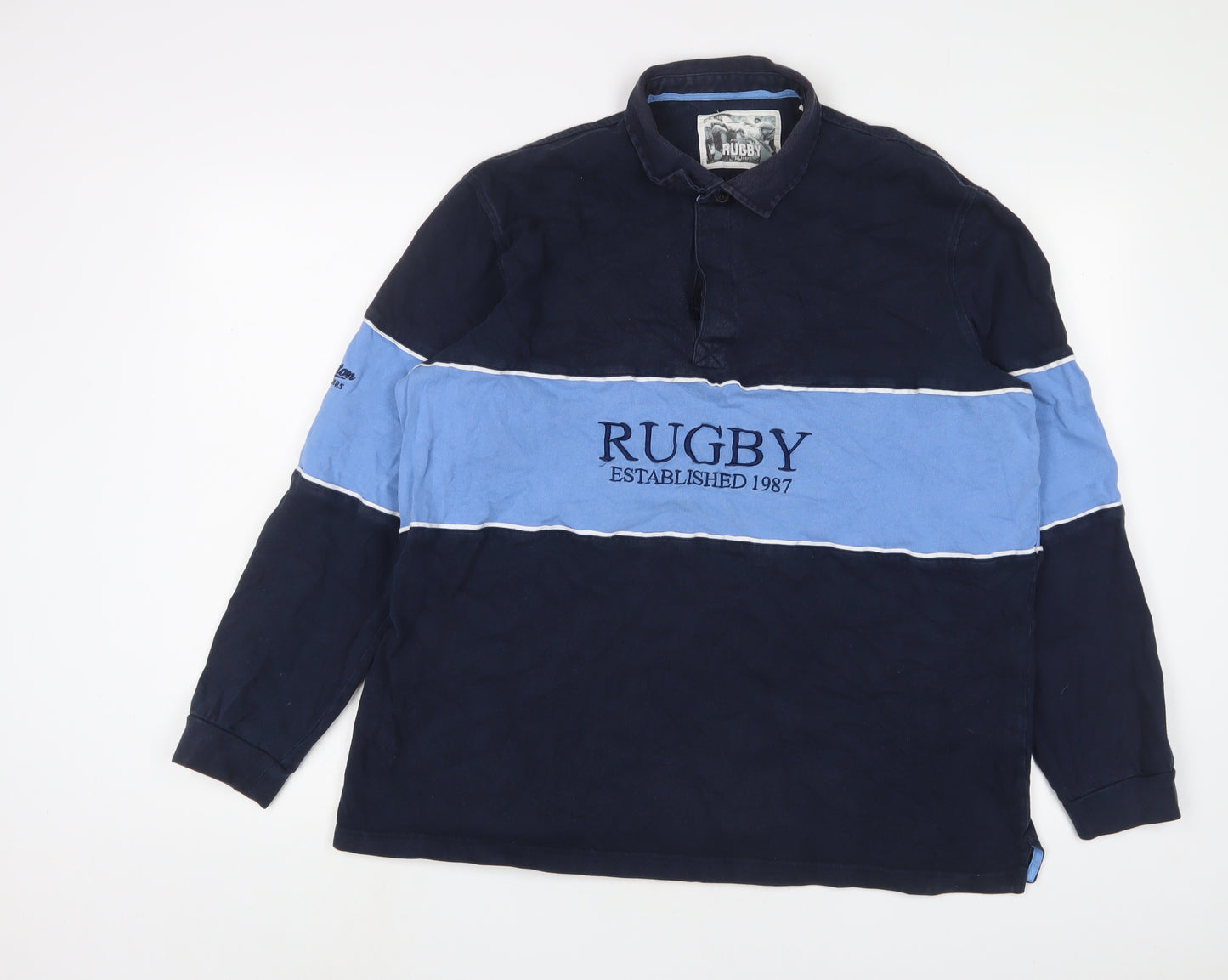 Rugby Mens Blue Striped Cotton Polo Size XL Collared Button - Embroidered