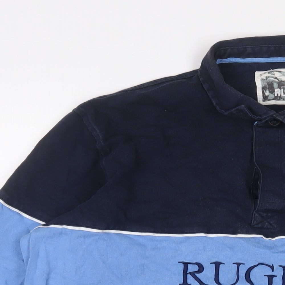 Rugby Mens Blue Striped Cotton Polo Size XL Collared Button - Embroidered