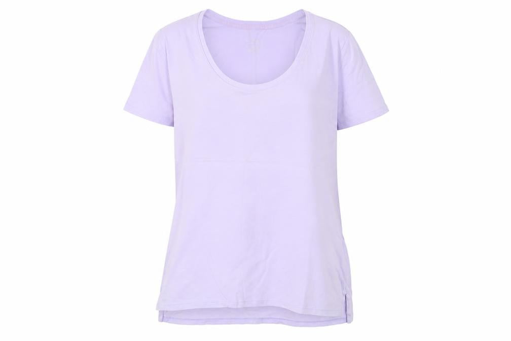 Front view of Lands' End women’s purple cotton basic t-shirt, size M, scoop neck