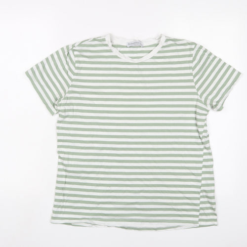 Stradivarius Womens Green Striped Cotton Basic T-Shirt Size L Crew Neck