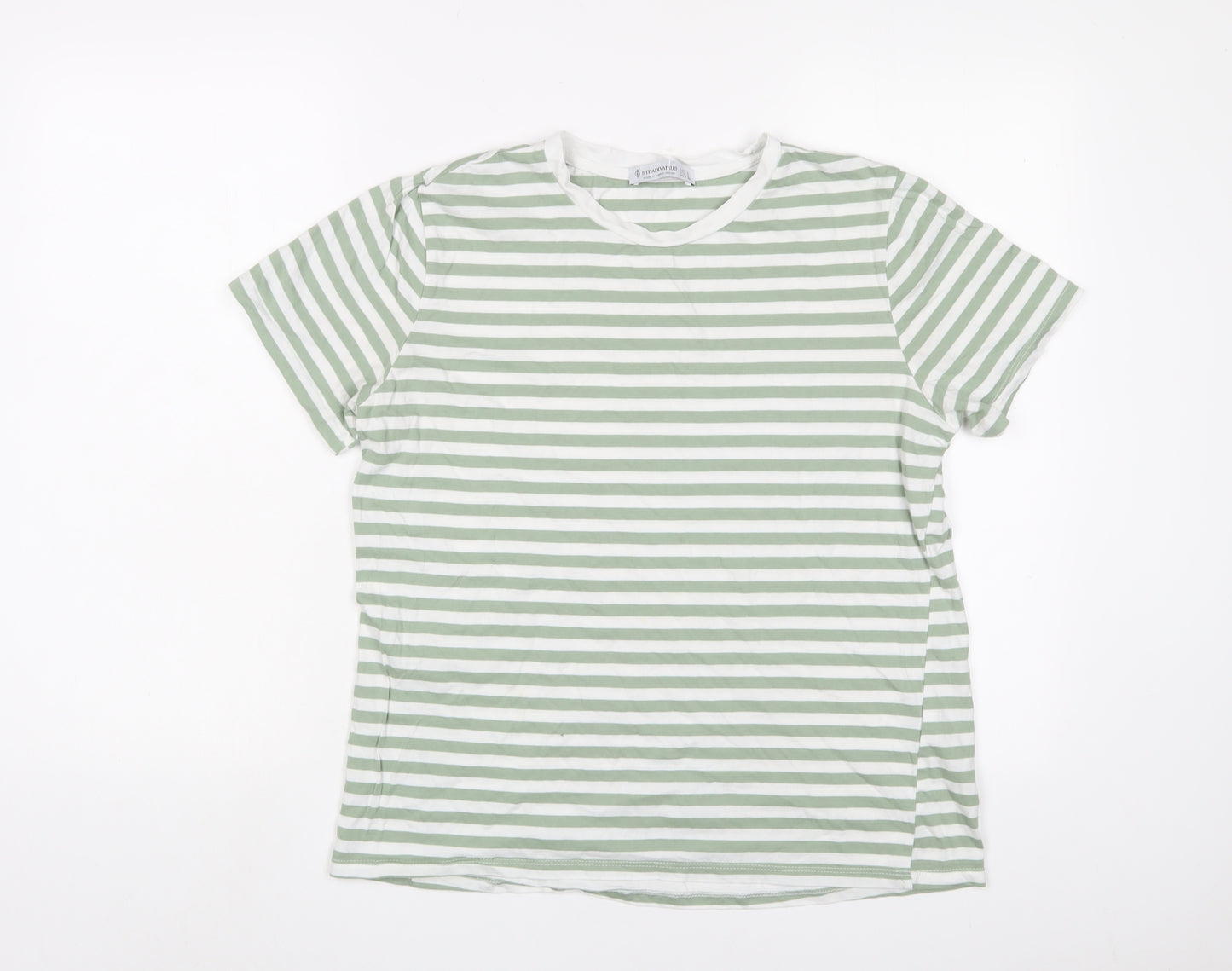 Stradivarius Womens Green Striped Cotton Basic T-Shirt Size L Crew Neck