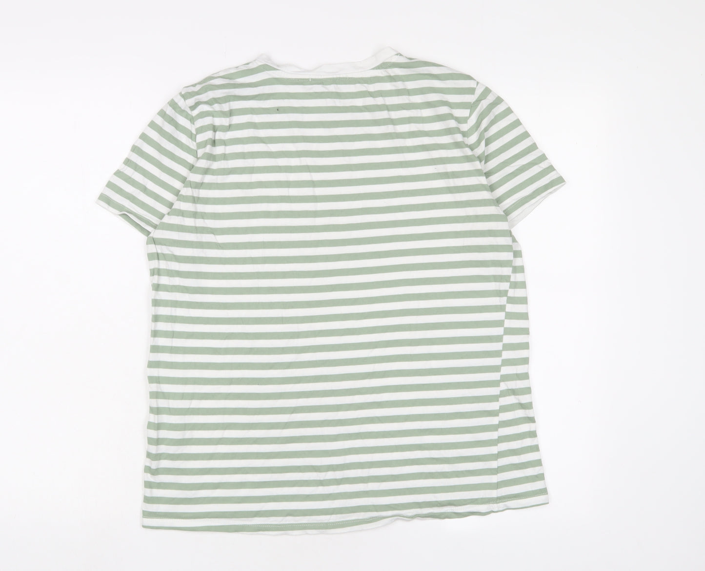 Stradivarius Womens Green Striped Cotton Basic T-Shirt Size L Crew Neck