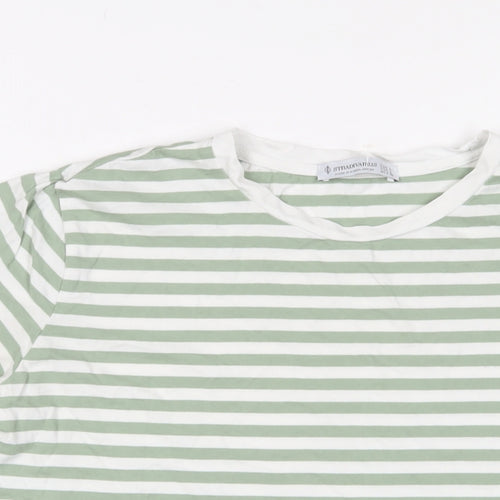 Stradivarius Womens Green Striped Cotton Basic T-Shirt Size L Crew Neck