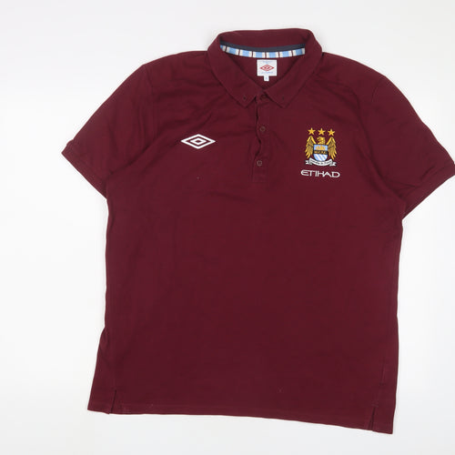 Manchester City FC Mens Red Cotton Polo Size XL Collared Button - Logo, Embroidered