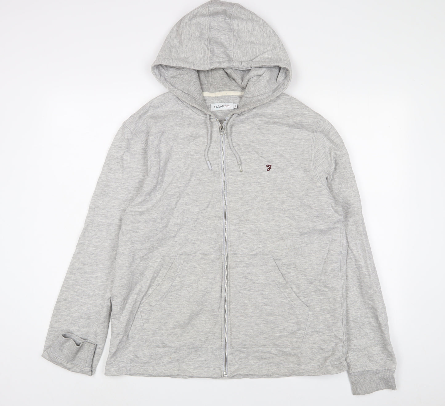 Farah Mens Grey Cotton Full Zip Hoodie Size L - Logo, Embroidered