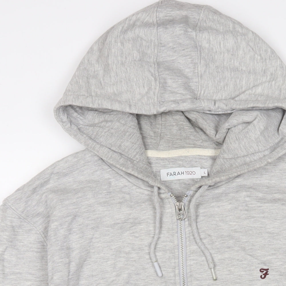 Farah Mens Grey Cotton Full Zip Hoodie Size L - Logo, Embroidered