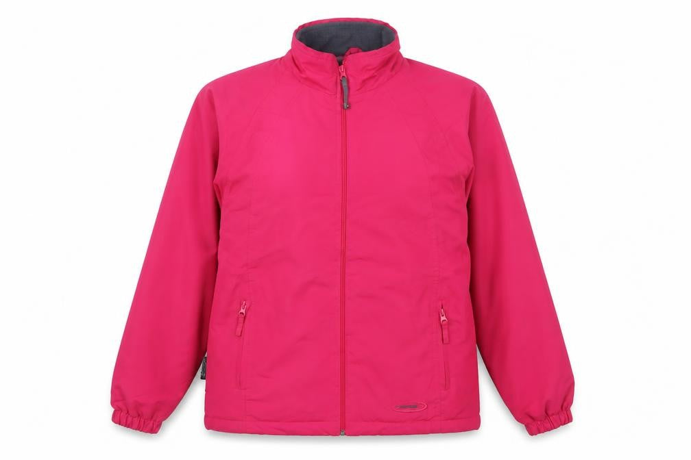 Front view of Mountain Life women’s pink jacket coat, size UK 18, zip - logo, embroidered