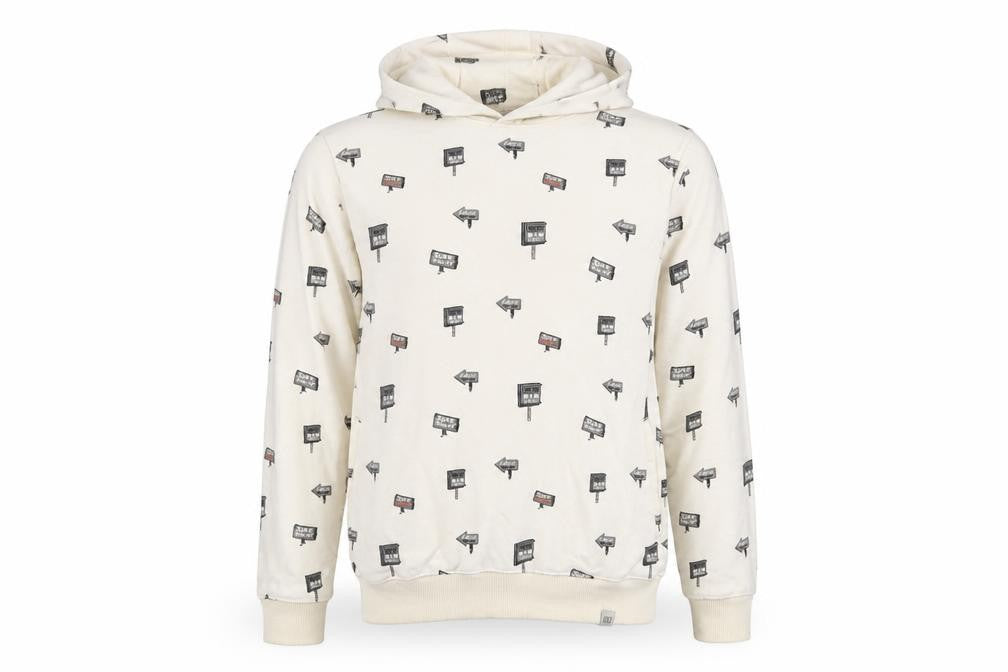 Front view of Blend men’s beige geometric cotton pullover hoodie, size M