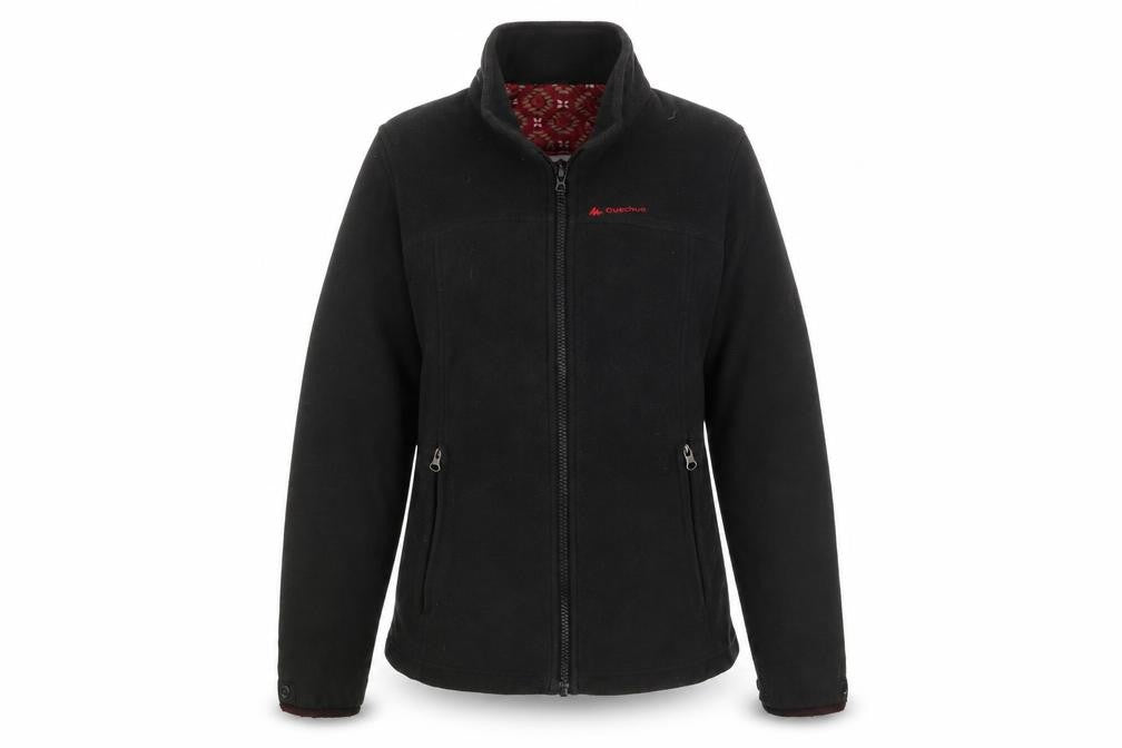 Front view of Decathlon women’s black jacket, size M, zip - logo, embroidered